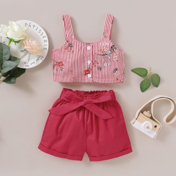 2-piece Baby / Toddler Girl Pretty Floral Decor Striped Top and Solid Shorts Set